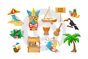 Tropical Hawaii summer vacation set. Traditional exotic ethnic mask, beach, chaise longue, boat