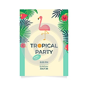 Tropical Hawaiian party invitation with flamingos, oranges, palm leaves and exotic flowers