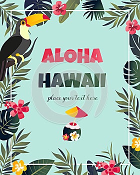 Tropical Hawaiian Poster with toucan. Party template. Invitation, banner, card.