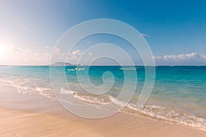 Tropical hawaiian seascape at Lanikai beach on Oahu island and kayaks in the ocean