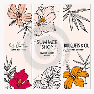 Tropical hibiscus flower background, havaiian floral vector pattern. Summer jungle banner advertising, palm leaves texture, aloha