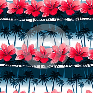 Tropical hibiscus flowers in a seamless pattern with blue palm t