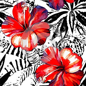 Tropical hibiscus watercolor and graphic exotic plants seamless