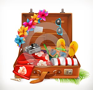 Tropical Holidays. Summer vacation, open suitcase. Vector icon