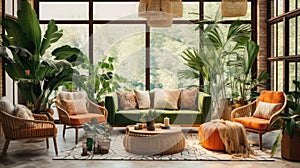 tropical home interor Living room, lushness of the tropics into your space with vibrant colors, leafy patternsnatural