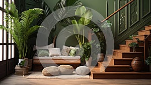 tropical home interor vestibule, lushness of the tropics into your space with vibrant colors, leafy patternsnatural