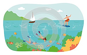 Tropical hot country underwater sport, people character together diving and water skiing sport flat vector illustration