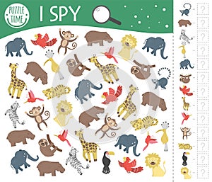 Tropical I spy game for kids. Exotic searching and counting activity for preschool children with cute animals. Funny jungle game