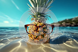 Tropical icon Pineapple dons shades against a vibrant summer seascape