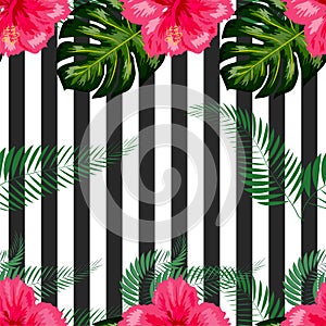 tropical illustration monstera plants leaves flowers hibiscus seamless pattern white background