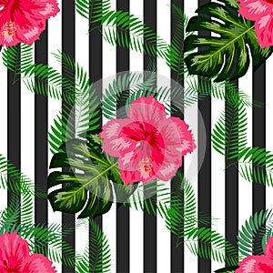 Tropical illustration monstera plants leaves flowers hibiscus seamless pattern white background