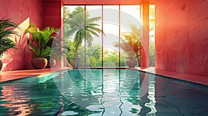 Tropical Indoor Swimming Pool With Palm Trees