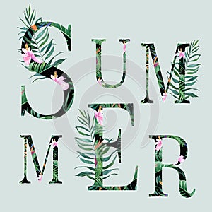 Tropical inscription `summer` on a white background.