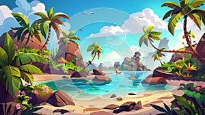 Tropical island beach game landscape summer modern paradise. Palm trees, sea waters, and sand shoreline. Caribbean wild