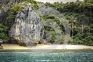 Tropical island beach landscape cliff rock and palm trees and turquoise sea