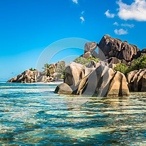 Tropical island beach, Source d`Argent, La Digue, Seychelles