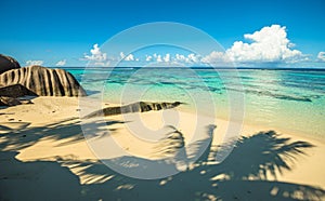 Tropical island beach, Source d`Argent, La Digue, Seychelles