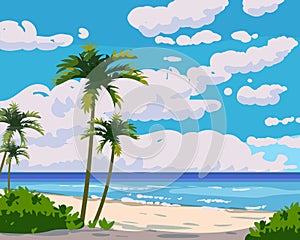 Tropical Island beach summer resort, seashore sand, palms, waves. Ocean, sea exotical beach landscape, clouds, nature