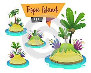 Tropical island cartoon style set. funny and cheerful beautiful paradise travel tourism and adventure into sea beach shore with