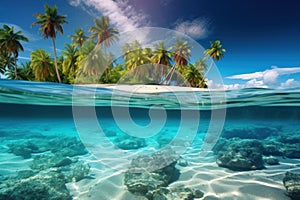 Tropical island with coconut palms and underwater coral reef. Split view with waterline