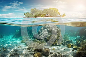 Tropical Island And Coral Reef - Split View With Waterline