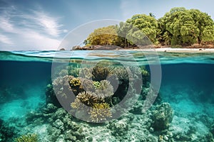 Tropical Island And Coral Reef. Split View With Waterline.