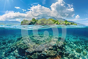 Tropical Island and coral reef. Split view with waterline