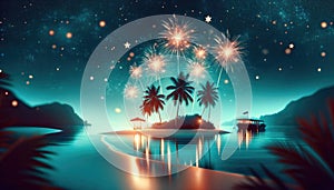 Tropical Island Fireworks Night Sky, AI Generated