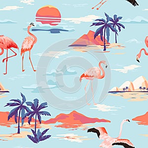 Tropical Island and Flamingo seamless vector summer pattern with tropic palm trees. Vintage background for wallpapers