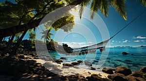 Tropical island getaway. palm tree, hammock, relaxing sea view vacation destination