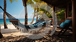 Tropical island getaway. relaxing under the palm tree in a hammock with stunning views of the sea