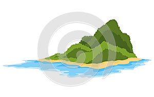 Tropical island with green trees in ocean. Uninhabited isle with beach surrounded with sea water. Empty land and no