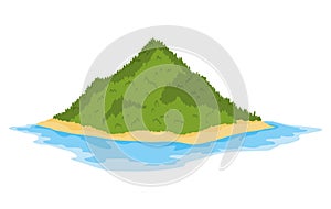 Tropical island with green trees in ocean. Uninhabited isle with beach surrounded with sea water. Empty land and no