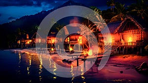 Tropical island with huts lit up by fire at night. Generative AI