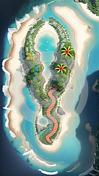 Tropical island illustration, 3D, cartoon style