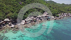 Tropical Island Koh Tao with Turquoise Water Bay and Residental Area on Shore in Thailand. Aerial Top View
