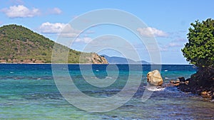 Tropical island landscape with sea view and several mountainous islands on horizon, St. Thomas, Virgin Islands US.