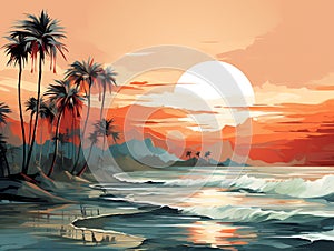 Tropical Island. Landscape at sunset. Oil painting in the style of impressionism