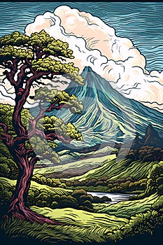 tropical island mountain and valley with trees