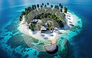 Tropical island in the ocean. Inhabited subtropical isle with palm trees and white sand