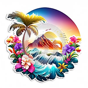 Tropical island with palm tree and flowers. Vector illustration. generative AI