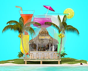 Tropical island with palm trees, bar and cocktails