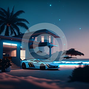 Tropical island with palm trees and car at night. 3d rendering Generative AI
