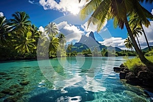 Tropical island with palm trees and lagoon at Seychelles, A peaceful and tranquil lagoon in Bora Bora, French Polynesia, AI