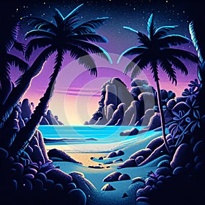 Tropical island with palm trees at night. Vector illustration. AI generated