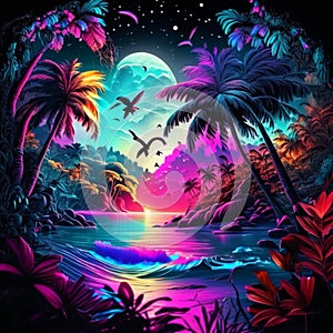 Tropical island with palm trees at night. Vector illustration. generative AI