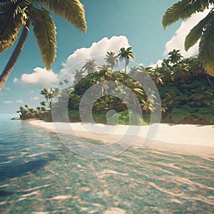 Tropical island with palm trees, ocean and sandy beach. Seascape background