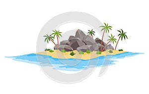 Tropical island with palm trees in ocean. Uninhabited isle with beach, rocks surrounded with sea water. Empty land and