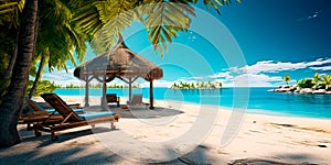 tropical island with palm trees, a pristine sandy beach, crystal-clear turquoise waters, and a couple lounging under a