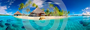 tropical island with palm trees, a pristine sandy beach, crystal-clear turquoise waters, and a couple lounging under a